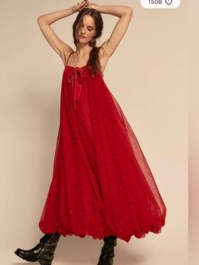 Free People Red Pearl Embellished Spaghetti-Strap Bubble Hem Maxi Dress